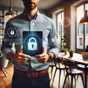 Un professionnel en costume tenant une tablette sécurisée avec un cadenas, dans un environnement technologique avec des serveurs en arrière-plan.